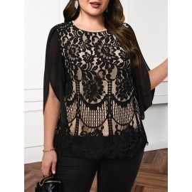 Plus Size - Plus Size, Women'S Plus Size Elegant Lace Chiffon Blouse - Semi-Sheer Floral-like Lace Overlay, Stretchy Non-See-Through Fabric, Machine Washable Office to Party Tops for Women - Spring/Summer Casual & Formal Outfits, Versatile Clothing, Sophisticated Style, Delicate Detailing, Stylish Top, Fashion Lovers