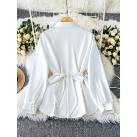 Plus Size, Women's Elegant Blouse Shirt - Long Sleeve Button-up top with Belt Accent, Non-Stretchy Fabric for Formal & Everyday Outfits - Office, Party, Casual Chic Outfits - Machine Washable Women's Clothing, Office Attire, Classic Collar, Polished Look, Stylish Top, Professional Women
