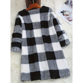 Plus Size - Women'S Plus Size Plaid Sweater - Cozy Fleece-Lined Long Sleeve Round Neck Top with Pockets, Casual Fall/Winter Wear