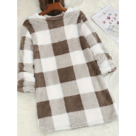 Plus Size - Women'S Plus Size Plaid Sweater - Cozy Fleece-Lined Long Sleeve Round Neck Top with Pockets, Casual Fall/Winter Wear
