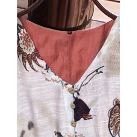 Plus Size - Plus Size, Women'S Plus Size V-Neck Floral Print Blouse - Casual Loose Fit, Asymmetrical Hem, Lightweight Non-Stretch Fabric, Spring Fashion Top with Butterfly & Floral Design, Ladies Blouses, Vneck Blouse, Printed Blouse, Gentle Loungewear, Soft Texture, Worn with Office Lounge, Ideal Women Gift, Top Tees, Work Wardrobe, Made from Solid Machine Washable High Soft Fabric Casually Sweptforward Design