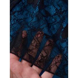 Plus Size - Elegant Plus Size Women'S Christmas Dress with Lace Trim and Belted Waist - Navy Blue Floral Print, Long Sleeve, Round Neck, Perfect for Spring/Fall Holiday Celebrations, Holiday Attire|Floral Print Dress|Lace Trim Dress