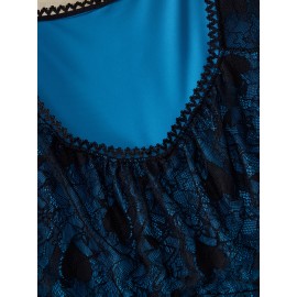 Plus Size - Elegant Plus Size Women'S Christmas Dress with Lace Trim and Belted Waist - Navy Blue Floral Print, Long Sleeve, Round Neck, Perfect for Spring/Fall Holiday Celebrations, Holiday Attire|Floral Print Dress|Lace Trim Dress