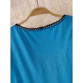 Plus Size - Elegant Plus Size Women'S Christmas Dress with Lace Trim and Belted Waist - Navy Blue Floral Print, Long Sleeve, Round Neck, Perfect for Spring/Fall Holiday Celebrations, Holiday Attire|Floral Print Dress|Lace Trim Dress