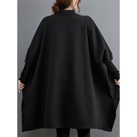 Plus Size - Plus Size Women'S High Neck Batwing Sleeve T-Shirt - Stretchy Fleece-Lined Mid-Length Top with Asymmetrical Hem, Casual Chic Solid Color Design for Fall/Winter, Versatile Layering Piece, Winter Clothing | Asymmetrical Hemline