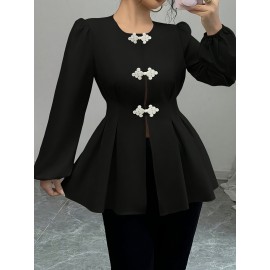 Plus Size, Women's Plus Size Chinese-Style French Button-Up Shirt with Defining Waist - A-Line Long Sleeve Round Neck Top, Solid Color Elegant Blouse for Fall Wardrobe, Machine Washable & all-Season Wear (No transparency)