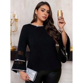 Plus Size - Plus-size Women'S Fashionable Commuting Mesh Splicing Fashion Trumpet Sleeve Waist Cinched Long Sleeved Top