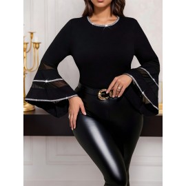 Plus Size - Plus-size Women'S Fashionable Commuting Mesh Splicing Fashion Trumpet Sleeve Waist Cinched Long Sleeved Top