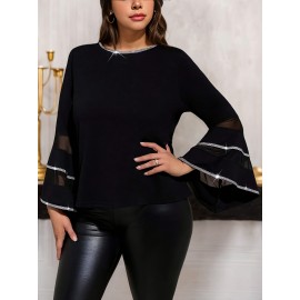 Plus Size - Plus-size Women'S Fashionable Commuting Mesh Splicing Fashion Trumpet Sleeve Waist Cinched Long Sleeved Top