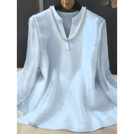 [Plus Size Chiffon Shirt] Plus Size Elegant Long-Sleeve Chiffon Shirt | High-Density, Soft Lining, Flowing Mesh, Henley Neckline, Smooth Tailoring | Spring & Autumn Outings