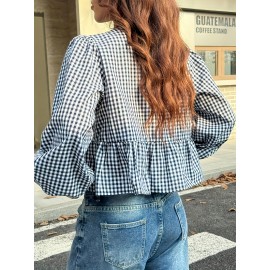 Plus Size - Women'S Plus Size Checkered Lace-Up Blouse - Casual Long Sleeve Crew Neck Top with Tie Detail, Black & White Gingham Pattern, Loose Fit for Spring/Summer/Fall, Plus Size Blouses
