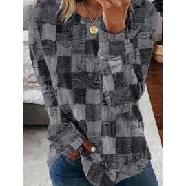 Plus Size, [Denim Print/Imitation Denim] Plus Size Women's Casual Imitation Denim Print Long Sleeve Top - Blue & White Grid Pattern with Golden Accents, Medium Stretch Round Neck, Contrast Cuffs, Autumn/Winter Versatile Layering Piece, Denim Top, Layering Fashion, Soft Texture Fabric
