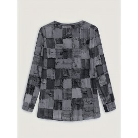 Plus Size, [Denim Print/Imitation Denim] Plus Size Women's Casual Imitation Denim Print Long Sleeve Top - Blue & White Grid Pattern with Golden Accents, Medium Stretch Round Neck, Contrast Cuffs, Autumn/Winter Versatile Layering Piece, Denim Top, Layering Fashion, Soft Texture Fabric