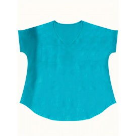 Large Size V-Neck Pocket Irregular Hem Short-Sleeved Top T-Shirt Two-Piece Set