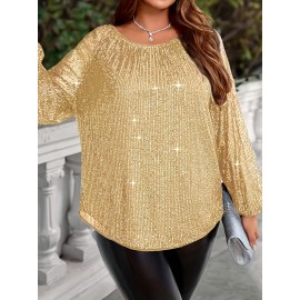Plus Size - Women'S Elegant Golden Sequin Blouse with Ruffled Sleeves - Round Neck, Long Sleeve, Stretchy Blend, Perfect for Casual or Formal Occasions, Formal Attire | Ruffled Sleeve Top | Blend, Plus Size Sequin Top For Women, Plus Size Women Top, Plus Size Women Blouse, Plus Size Women Clothes, Plus Size Women, Top For Women Plus Size, Lady Plus Size Top