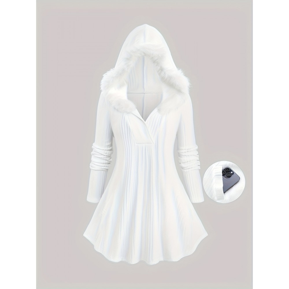 Plus Size - Plus Size Solid Color Surplice Ribbed Textured Fleece Trim Hooded Top