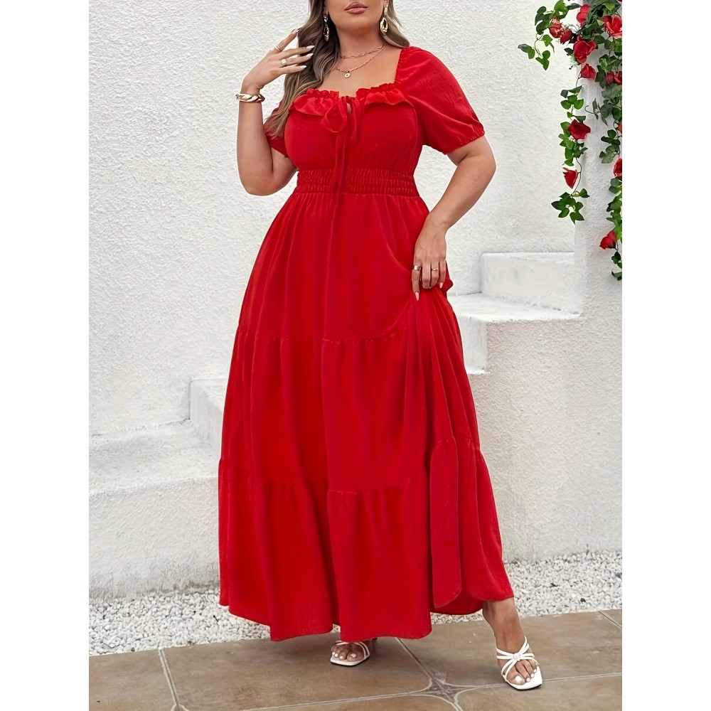 Plus Size, Women's Elegant Casual red dress - - Square Neckline, Flowy A-Line Midi skirt, Easy Everyday & Formal Outfits - - Non-Transparent Smooth Fabric - - Year-Round Wardrobe