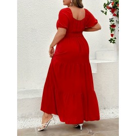 Plus Size, Women's Elegant Casual red dress - - Square Neckline, Flowy A-Line Midi skirt, Easy Everyday & Formal Outfits - - Non-Transparent Smooth Fabric - - Year-Round Wardrobe