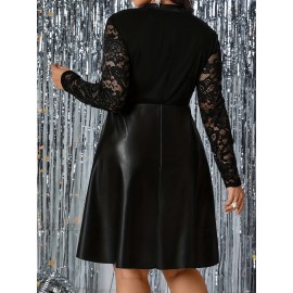 Plus Size - Women'S Elegant Black Lace Long Sleeve Dress with Contrast Lace Detail - Loose Fit, Stand Collar, Regular Sleeve, Mid-Length, All-Season Casual to Semi-Formal Wear