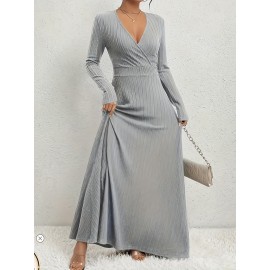 1pc Elegant Plus Size V-Neck Long Sleeve A-Line Dress - Polyester Knit Fabric, Solid Color, Cross Detail, Flared Hem, Pullover Style for Spring/Fall Casual Occasions