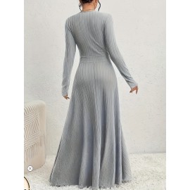 1pc Elegant Plus Size V-Neck Long Sleeve A-Line Dress - Polyester Knit Fabric, Solid Color, Cross Detail, Flared Hem, Pullover Style for Spring/Fall Casual Occasions