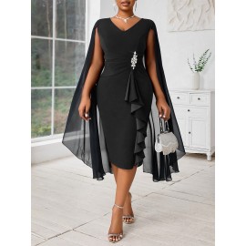 Plus Size, Women's Fashionable and Elegant Batwing Sleeve Mesh Splicing Plus Size Wrap Dress