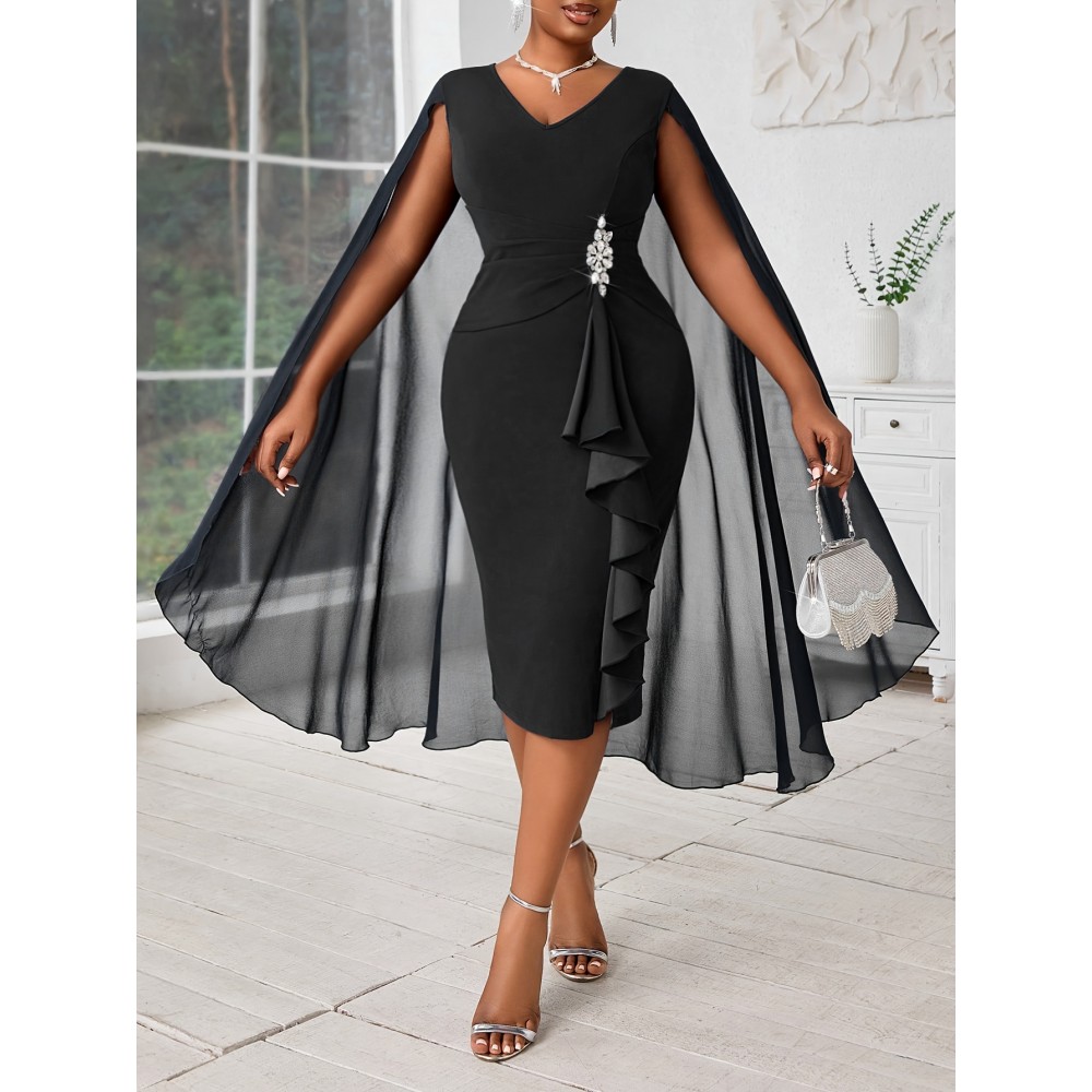 Plus Size, Women's Fashionable and Elegant Batwing Sleeve Mesh Splicing Plus Size Wrap Dress