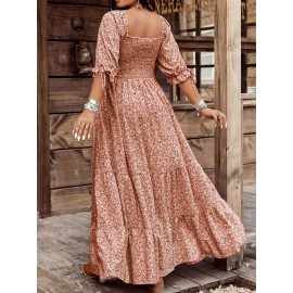 Women's Casual Floral Print Square Neck Dress with Lantern Sleeves - A-Line Silhouette, Flared Hem & Machine Washable Fabric for All-Season Wear, Versatile for Casual to Semi-Formal Occasions YZ199, Semiformal Attire, Flowy Skirt Style