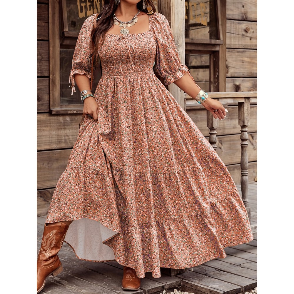 Women's Casual Floral Print Square Neck Dress with Lantern Sleeves - A-Line Silhouette, Flared Hem & Machine Washable Fabric for All-Season Wear, Versatile for Casual to Semi-Formal Occasions YZ199, Semiformal Attire, Flowy Skirt Style