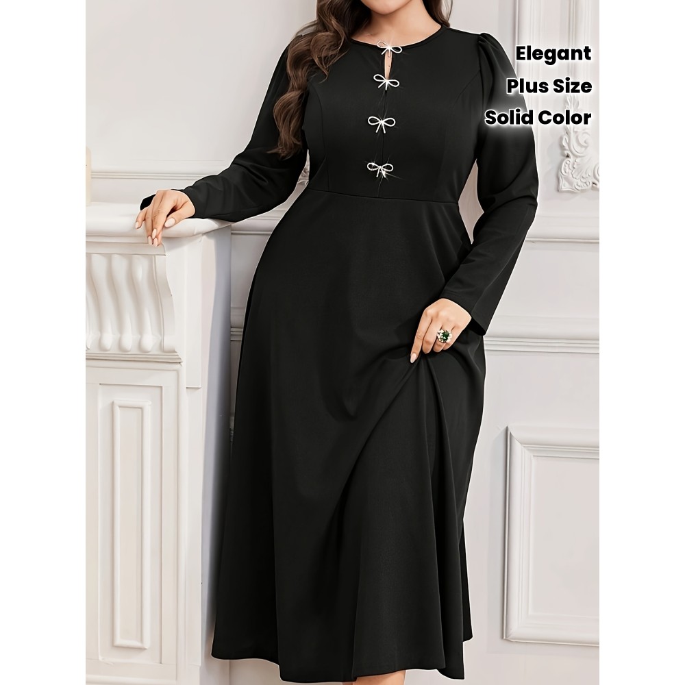 Plus Size - Elegant Plus Size Women'S Solid Color Dress with Front Bow Detail - Comfortable, Breathable, Long Sleeve, Flared Hem, Round Neck, All-Season Wear, Formal Attire|Elegant Dress|Comfortable Fit
