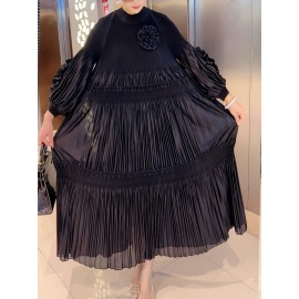 [Polyester|Elegant] Polyester Elegant Pleated Tunic Dress | Crew Neck, High Stretch, Long Length, No Belt, All Seasons | Trapeze Hem, Pleated Silhouette, No Padding, Going Out Occasion, A Fit Type, Woven Weaving Method, Polyester Lining, 100 g/m² Lining Weight, 100 g/m² Fabric Weight, Lantern Sleeves, Solid Color
