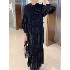 [Polyester|Elegant] Polyester Elegant Pleated Tunic Dress | Crew Neck, High Stretch, Long Length, No Belt, All Seasons | Trapeze Hem, Pleated Silhouette, No Padding, Going Out Occasion, A Fit Type, Woven Weaving Method, Polyester Lining, 100 g/m² Lining Weight, 100 g/m² Fabric Weight, Lantern Sleeves, Solid Color