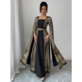 Plus Size Women's Elegant Formal Party Wedding Dress/Long Sleeve Flared Blouse, Flared Skirt/Non-Stretchy Fabric/Plus Size Formal Events & Casual Attire/Year-Round Evening Gown/Wedding Guest Dresses/Special Occasion Gown/Sophisticated Design/Structured Fit/Stylish Gown/Fashion Lovers