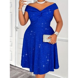 Plus Size - Plus Size, Women'S Plus Size Sexy Twist Off-Shoulder Sparkling A-Line Dress, Suitable for Parties, Cocktail Events, Christmas, Valentine'S Day, Formal Wear, Party Wear