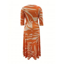 Tropical Print Maxi Dress for Women - Casual Crew Neck, 5-Point Sleeve with Tie Waist, Plus Size, Vibrant Orange & Yellow Leaf Pattern, All-Season Comfort