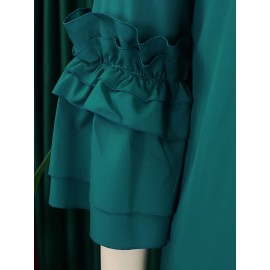 [New Arrival Plus Size Dress] Spring/Summer New Arrival - Elegant Plus Size Casual Chic Dress with Ruffled Bell Sleeves, Bow Detail, Stand Collar | Solid Color, Non-Stretch Fabric