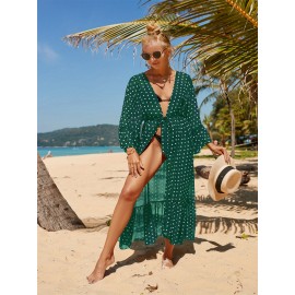 Women's Peacock Green Beach Cover Up Chiffon Flared Sleeve Bikini Sun Shirt Bohemian Style Long Sun Shirt Big Size Holiday Swimwear Cover Up Flutter Flared Sleeve Sun Shirt Ethnic Style Beach Skirt