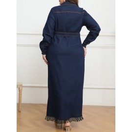 Plus Size Casual Long Sleeve Tunic Dress, Cotton Blend, Slight Stretch, Solid Color, Loose Fit, with Lapel Collar, Tassel Detail, for Fall/Winter