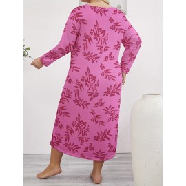 Plus Size Plant Print Crew Neck Dress, Casual Long Sleeve Long Dress For Spring & Fall, Women's Plus Size Clothing