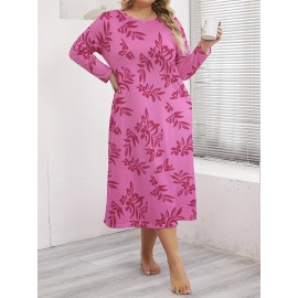 Plus Size Plant Print Crew Neck Dress, Casual Long Sleeve Long Dress For Spring & Fall, Women's Plus Size Clothing