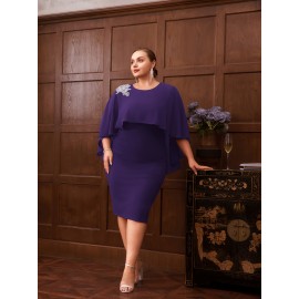 Women Plus Size Chiffon Overlay Decorated Party Dress Crew Neck Bodycon Dress