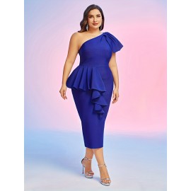 Plus Size One Shoulder Ruffle Trim Dress, Casual Short Sleeve Bodycon Dress, Women's Plus Size Clothing