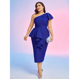 Plus Size One Shoulder Ruffle Trim Dress, Casual Short Sleeve Bodycon Dress, Women's Plus Size Clothing