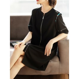 Summer Essential, Chic Black Zip-Up Dress for Women - Casual Summer Fashion with Round Neck, Stretchy Polyester Blend, Non-Sheer, Plus Size Summer Dresses