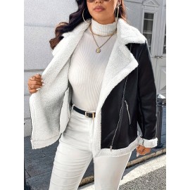 Plus Size Women's Full-Zip Motorcycle Jacket with Horseback Riding Zipper, Biker Coat, Warm Winter Outerwear, White & Collar - Casual & Motorcycle Riding (Curvy Female)