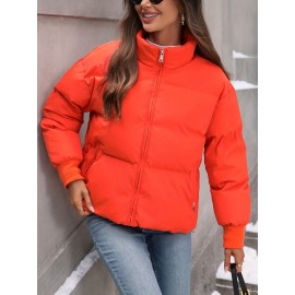 Women's Plus Size Winter Elegant Outerwear Coat - Full-Length Zipper Front Closure, Stand Collar H-Line Silhouette, Machine Washable Solid Color Jacket for Cold Weather, Casual & Dressy Occasions