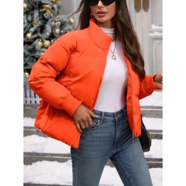 Women's Plus Size Winter Elegant Outerwear Coat - Full-Length Zipper Front Closure, Stand Collar H-Line Silhouette, Machine Washable Solid Color Jacket for Cold Weather, Casual & Dressy Occasions