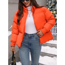 Women's Plus Size Winter Elegant Outerwear Coat - Full-Length Zipper Front Closure, Stand Collar H-Line Silhouette, Machine Washable Solid Color Jacket for Cold Weather, Casual & Dressy Occasions