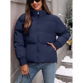Women's Plus Size Winter Elegant Outerwear Coat - Full-Length Zipper Front Closure, Stand Collar H-Line Silhouette, Machine Washable Solid Color Jacket for Cold Weather, Casual & Dressy Occasions