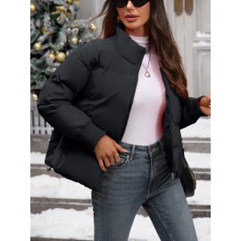 Women's Plus Size Winter Elegant Outerwear Coat - Full-Length Zipper Front Closure, Stand Collar H-Line Silhouette, Machine Washable Solid Color Jacket for Cold Weather, Casual & Dressy Occasions